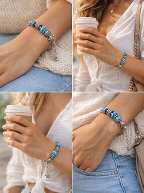 Blue Glass Bead Charm Bracelet for Women - Elegant Silver Accents